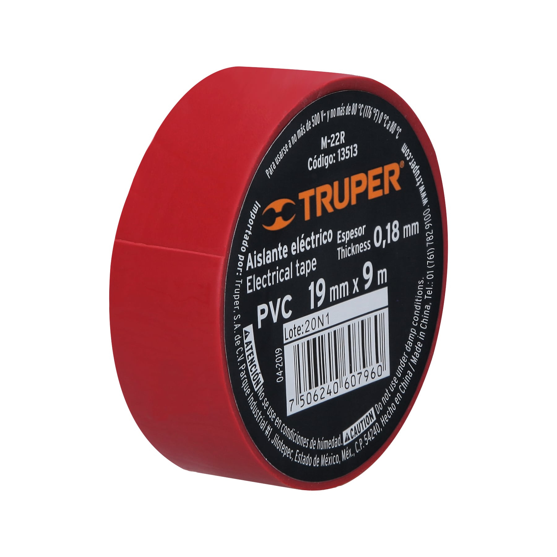 Cinta de aislar de 9 m x 19 mm, roja, Truper - M-22R / 13513