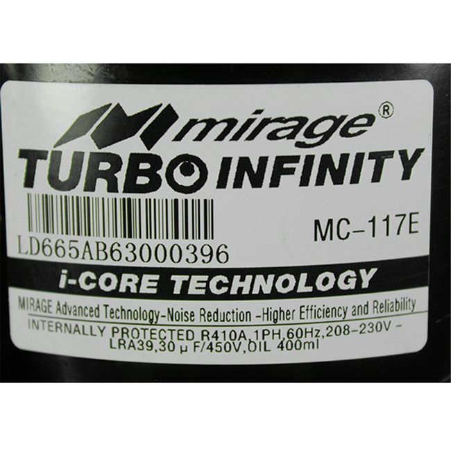 Compresor Mirage, 1.5Ton, 220V, R410A, Modelo Mc-117E, Marca Turbo Infinity 00103909M