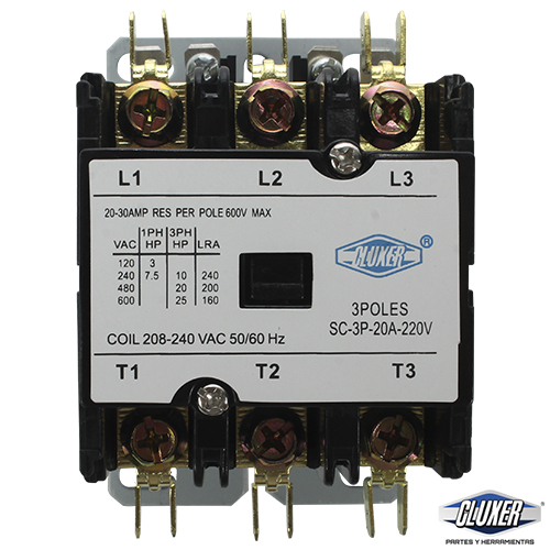 Contactor 3 Polos, 20Amps, Bobina 208-240Vac, 50/60Hz, Cluxer - Cxc3P20A220